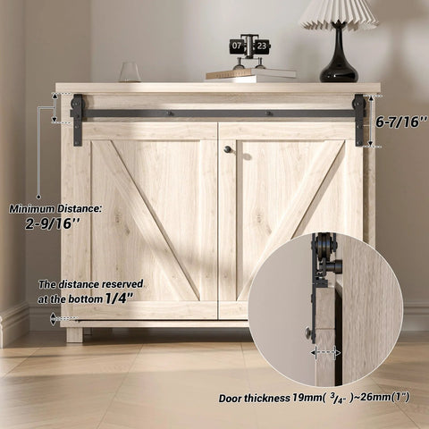 Installed 36 Inch Mini Bifold Barn Door Hardware Kit for Closet and Cabinet Sliding Track System on wooden cabinet with black frosted finish rails.