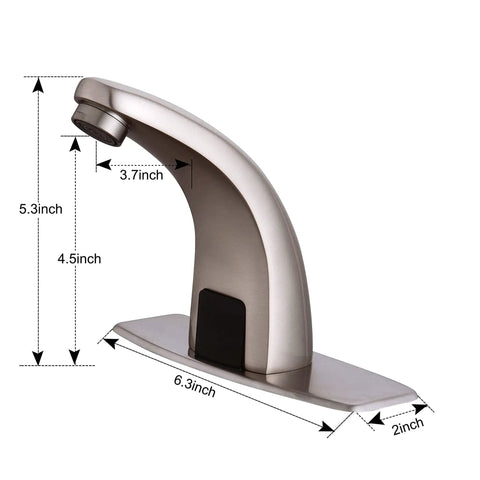 Automatic No Touch Bathroom Faucet With Motion Sensor Hands Free Sink Mixer in Brushed Nickel With Deck Plate and dimensions