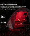 Man reading inside a tent illuminated by red light from ArkPro Lite Flat Pocket Flashlight With 1200 Max Lumens Rechargeable USB C White LED Red Light And 365 Nm UV Light For Pet Urine Detection Camping Emergency Prep And Everyday Use.