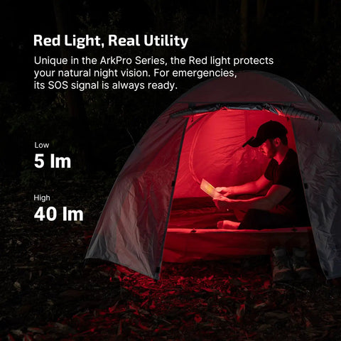 Man reading inside a tent illuminated by red light from ArkPro Lite Flat Pocket Flashlight With 1200 Max Lumens Rechargeable USB C White LED Red Light And 365 Nm UV Light For Pet Urine Detection Camping Emergency Prep And Everyday Use.