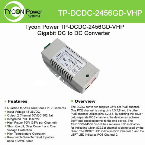 70W High Power DC DC Converter With PoE In 18-36V DC And 56V Out For Outdoor Security Cameras Model TP-DCDC-2456GD-VHP