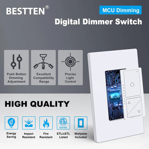 Ultra Slim Digital Dimmer Switch With Air Gap Cut Off, white, 3 button control, wall plate, ETL listed, high quality design