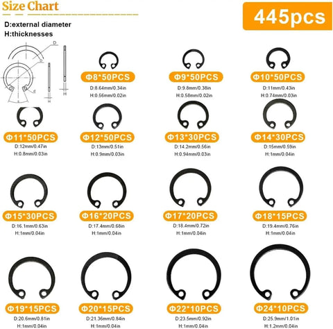 Size chart showing dimensions for Internal Circlip Snap Retaining Ring Set 8-24mm Carbon Steel Kit With 240 Pieces 8-18mm.