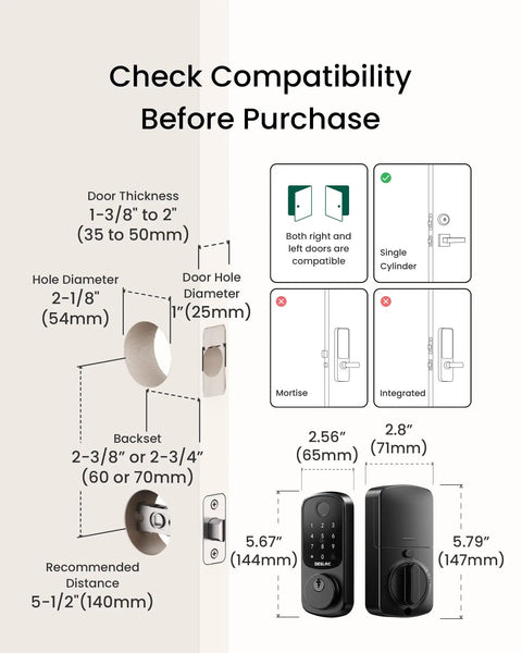 Ultra Secure WiFi Fingerprint Smart Door Lock With Remote App Control And Digital Keypad installation compatibility guide with measurements.