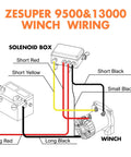 ZSUPER 9500&13000 Winch Wiring Diagram showcasing solenoid box connections for Zesuper 12V Electric Winch Control Box Solenoid Relay Kit For 8000-17000 Lb Winches With Handheld And Wireless Remotes Universal Replacement Pre-Wired Remote Control Box For Off Road Trucks And Jeeps.