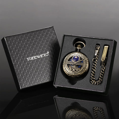 Dope Mechanical Pocket Watch With Skeleton Sun And Moon Dial Bronze Case Chain And Box Included Vintage Cosmos Design For Men And Women Elegant Timepiece For Everyday Wear