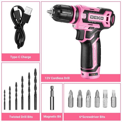 12V Cordless Drill Kit with Pink Design and LED Light shown with Type-C charger and various drill bits for wood and plastic projects.