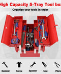 Heavy Duty 18 Inch Cantilever Tool Box With 5 Tray Foldout Organizer Metal Red Storage Case with tools visible inside