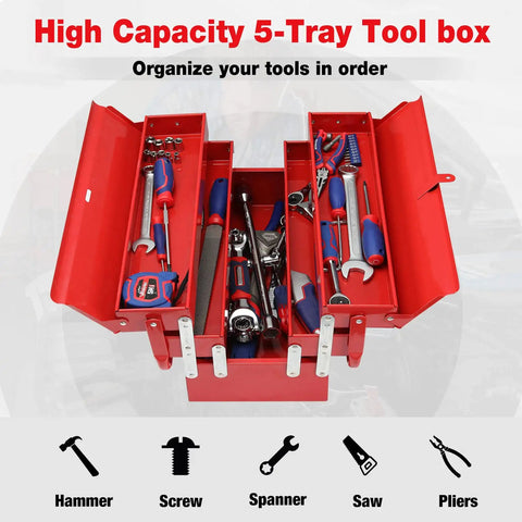 Heavy Duty 18 Inch Cantilever Tool Box With 5 Tray Foldout Organizer Metal Red Storage Case with tools visible inside