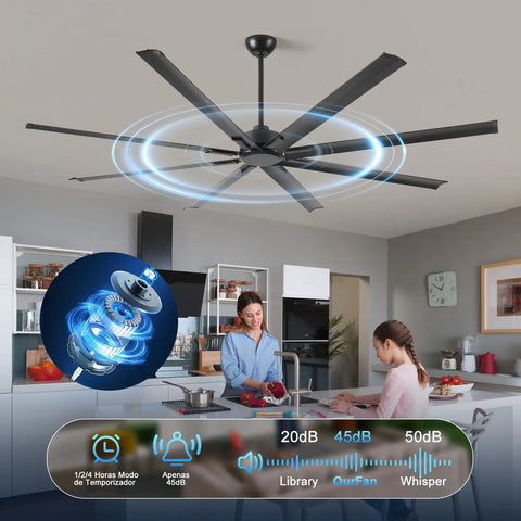 84 Inch HVLS Industrial Ceiling Fan With Heavy Duty Aluminum Blades Rust Proof Coating Quiet DC Motor Energy Saving displayed in kitchen.