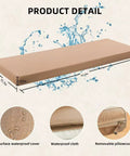 Cozy Sauna Seat Cushion and Thick Bench Pad for Infrared Saunas Waterproof Insulated Non Slip Seat Mat Comfortable Bench Pillow for Heat Therapy Khaki, showing dimensions and waterproof features, with detailed fabric close-ups.