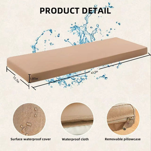 Cozy Sauna Seat Cushion and Thick Bench Pad for Infrared Saunas Waterproof Insulated Non Slip Seat Mat Comfortable Bench Pillow for Heat Therapy Khaki, showing dimensions and waterproof features, with detailed fabric close-ups.