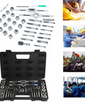 Heavy Duty 34-Piece Tap And Die Set With Pitch Gauge For Vehicle Repair Includes Heat Treated 45 Steel And Alloy Steel Thread Cutting Tools Kit Ranging From M3 To M1.75 Plus NPT Threads, open case