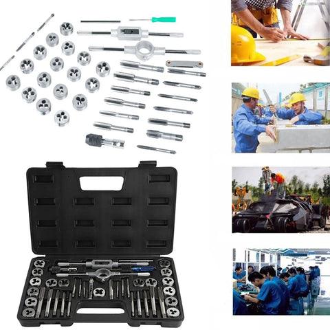 Heavy Duty 34-Piece Tap And Die Set With Pitch Gauge For Vehicle Repair Includes Heat Treated 45 Steel And Alloy Steel Thread Cutting Tools Kit Ranging From M3 To M1.75 Plus NPT Threads, open case