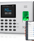 Downright Slick Biometric Fingerprint Time Clock With Synchronized Mobile App For Small Business Teams showing fingerprint scanner and display.