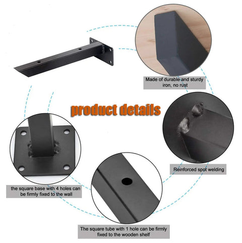Rock Solid Wall Mounted Shelf Brackets Pack Of Two Heavy Duty Metal Supports Black Steel Finish 12 Inch Arms, detailed views.