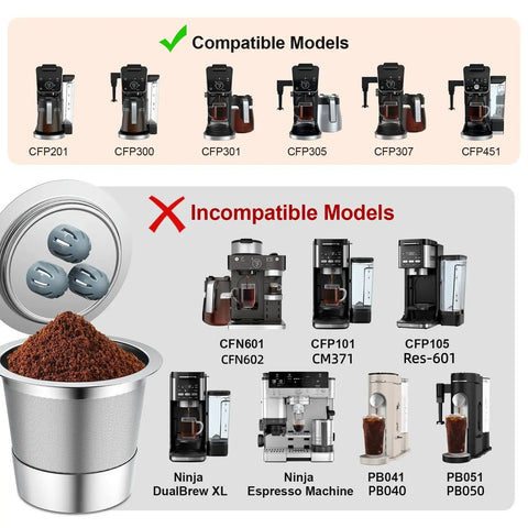 Stainless Steel Reusable Coffee Filter For Ninja And Most Coffee Makers Includes Four Cone Filters And Reusable K Cup Pods 304 shown with compatible and incompatible Ninja models.