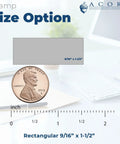 Go To Small Duo Hand Stamp For Mail And Parcels size comparison with a coin, 9/16" x 1-1/2" dimensions highlighted.
