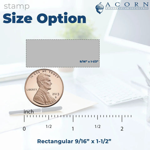 Go To Small Duo Hand Stamp For Mail And Parcels size comparison with a coin, 9/16" x 1-1/2" dimensions highlighted.