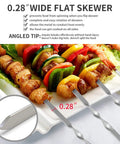 Wide flat skewers with grilled meat and veggies on a plate, emphasizing 0.28-inch blade thickness, part of Premium 17 Inch Stainless Steel Kabob Skewers For Grillin Flat Long Shish Kebab Sticks For Meat Chicken Veggies Reusable Rustproof BBQ Skewers 12 Pack Bonus 14 Inch.