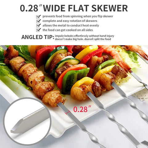 Wide flat skewers with grilled meat and veggies on a plate, emphasizing 0.28-inch blade thickness, part of Premium 17 Inch Stainless Steel Kabob Skewers For Grillin Flat Long Shish Kebab Sticks For Meat Chicken Veggies Reusable Rustproof BBQ Skewers 12 Pack Bonus 14 Inch.