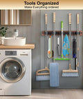 Wall Mount Broom And Mop Holder With Five Slots And Four Hooks Easy Install Space Saving Rustic Wood Tool Organizer Rack installed