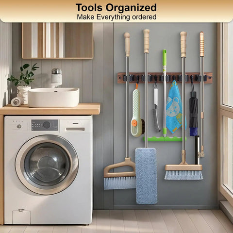 Wall Mount Broom And Mop Holder With Five Slots And Four Hooks Easy Install Space Saving Rustic Wood Tool Organizer Rack installed