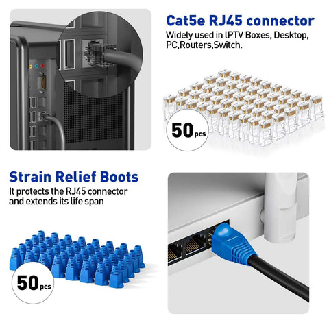 RJ45 Crimp Tool Kit For Ethernet Cabling With Network Cable Tester Wire Cutter Pliers Mini Cable Stripper And 50 Cat5e Connectors With Strain Relief Boots