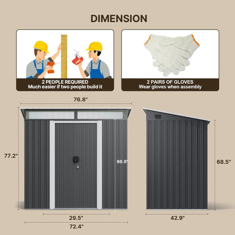 Assembly instructions for Durable 6x4 Outdoor Metal Storage Shed With Sliding Lockable Doors Bright Clear Panel Windows Built To Last And A Super Handy Tool And Bike Shed For Backyard Or Patio Weatherproof Dark Gray with dimensions.