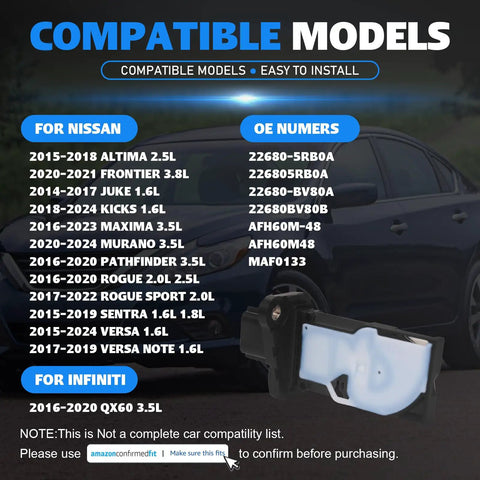 Mass Air Flow MAF Meter Sensor Replacement for Nissan Altima Frontier Juke Kicks Maxima Murano with compatibility list.