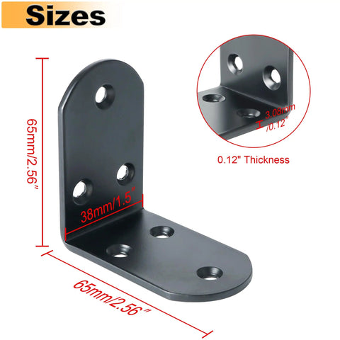 Rock Solid Four Piece L Angle Brackets For Wood Cabinets And Shelving Units Heavy Duty Stainless Steel Corner Supports With Rust Resistant Finish Smooth Ground Edges Built To Last For Weekend Warriors, 2.56 x 2.56 x 1.5 inches, black, 3mm thickness.