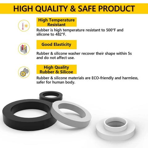 Leakproof Rubber And Silicone Gasket Washers Kit With 135 Pieces Across 16 Sizes, showing gaskets in different sizes and materials.
