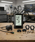 Must Have E Bike Display For Bafang 01 02 And HD Motors With Seamless Integration And Accurate Data Transmission Designed For 24V 36V 48V And 60V Battery Systems For A Totally Sweet Ride. black metal LCD display on bike workbench