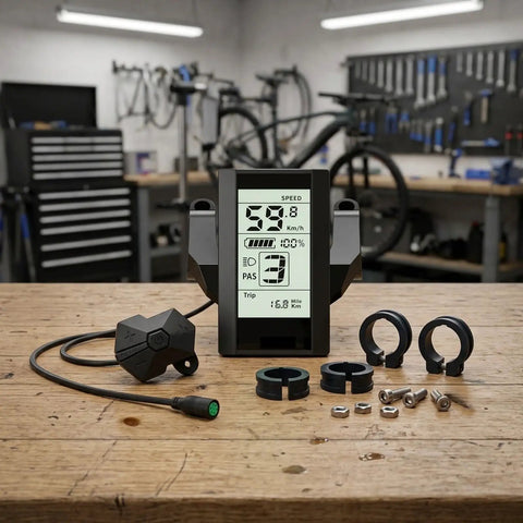 Must Have E Bike Display For Bafang 01 02 And HD Motors With Seamless Integration And Accurate Data Transmission Designed For 24V 36V 48V And 60V Battery Systems For A Totally Sweet Ride. black metal LCD display on bike workbench