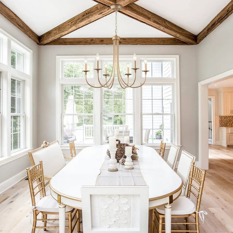 Dining room with Dope Gold Farmhouse Chandelier With Industrial Style 6 Light Pendant Lighting For Kitchen Dining Living Room Foyer.