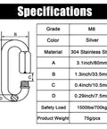 Specifications for Two Pack M8 5 16 Inch Heavy Duty Stainless Steel Quick Link Carabiners D Shape Chain Links