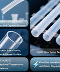Transparent PTFE Tubing For Pneumatic Systems And Automotive Components, Flexible Teflon Pipe High Temperature Plastic Tubing, ID 2.5mm OD 3.5mm 5m, Durable, Dimensional Stable, Long Lasting Performance, close-up showing smooth surface and aging test results.