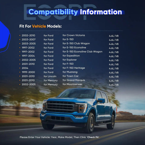 Compatibility information for Ford 4.6L Windsor Timing Chain Kit With Crank Sprocket Tensioner And Guide Rails Built For F150.