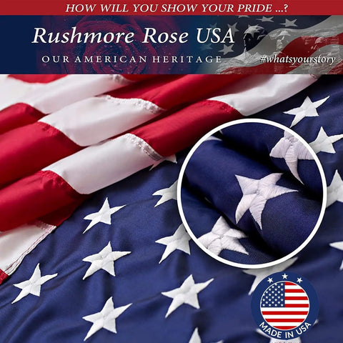 Close-up of Heavy Duty 3x5 Outdoor American Flag Made In USA with embroidered stars and sewn stripes showing durability.