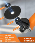 Powerful 6 Amp Angle Grinder Kit 4-1/2 Inch 11,000 RPM Metal Cutter with Quick Change Guard showing grinding disc and spindle.
