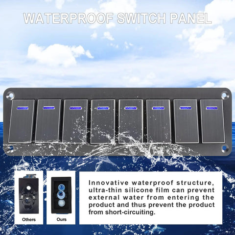 Beefy 8 Gang Waterproof Aluminum Switch Panel With 12V 24V Rocker Switches And Blue LED 3 Pin On Off Car Boat RV Marine