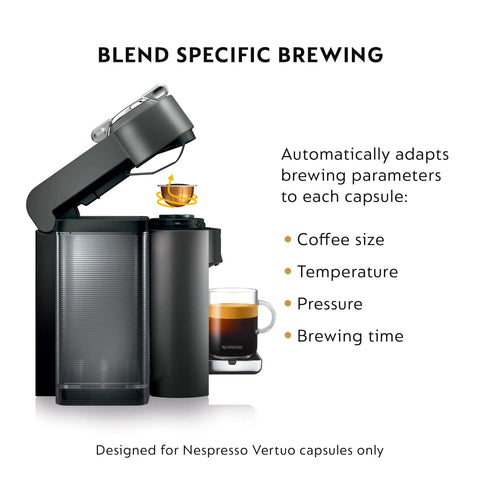 Vertuo Coffee And Espresso Maker By DeLonghi Titan With Aeroccino Milk System, open lid showing brewing process.