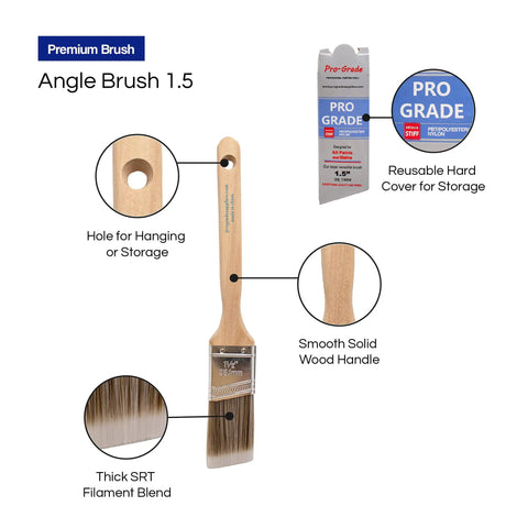 12 Pack One Point Five Inch Angle Paint Brushes With Thick Synthetic Filament For Quick Cut Ins On Walls And Trim Durable Wooden Comfort Grip Handle For Smooth Finishes And Fewer Streaks, features labeled.