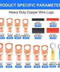 Product diagram of 110 Pcs Copper Wire Lugs Kit with labeled lugs, ring terminals, and heat shrink tubing for AWG 2-16 gauge.