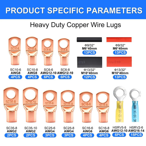 Product diagram of 110 Pcs Copper Wire Lugs Kit with labeled lugs, ring terminals, and heat shrink tubing for AWG 2-16 gauge.