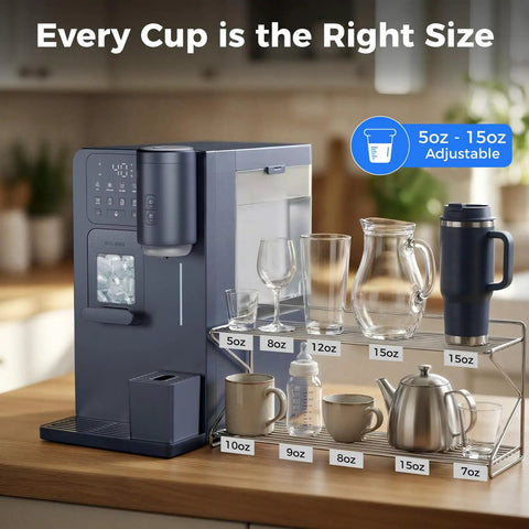 3-In-1 Water Dispenser With Ice Maker And Coffee Brewer For Home Or Office, countertop unit with glass and mug set, adjustable size