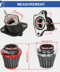 PZ27 Carburetor Kit Replacement for 125cc-250cc ATVs showing measurements of carb parts and air filters