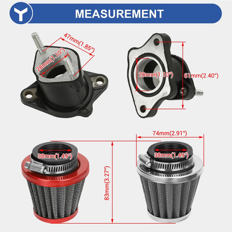 PZ27 Carburetor Kit Replacement for 125cc-250cc ATVs showing measurements of carb parts and air filters