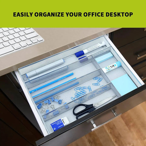 Open drawer with Five Compartment Mesh Silverware Drawer Organizer With Non Slip Foam Feet, holding office supplies.
