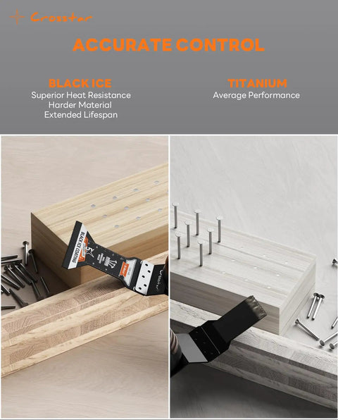 Crosstar oscillating tool blade on wood, comparing Black Ice and Titanium for various performance features.